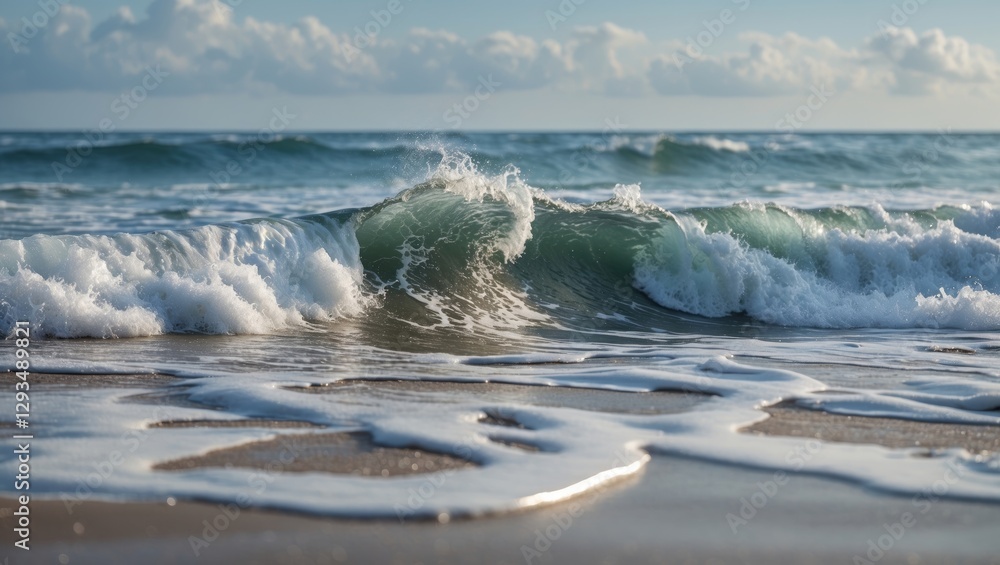 Poster gentle ocean waves lapping on sandy beach with soft focus and copy space for text in a serene coasta