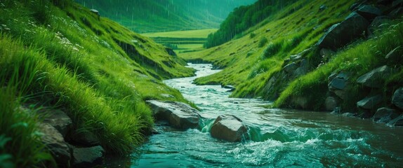 Transformative Power of Water in Lush Green Landscape with Flowing Stream and Rain-Enhanced Gully Features