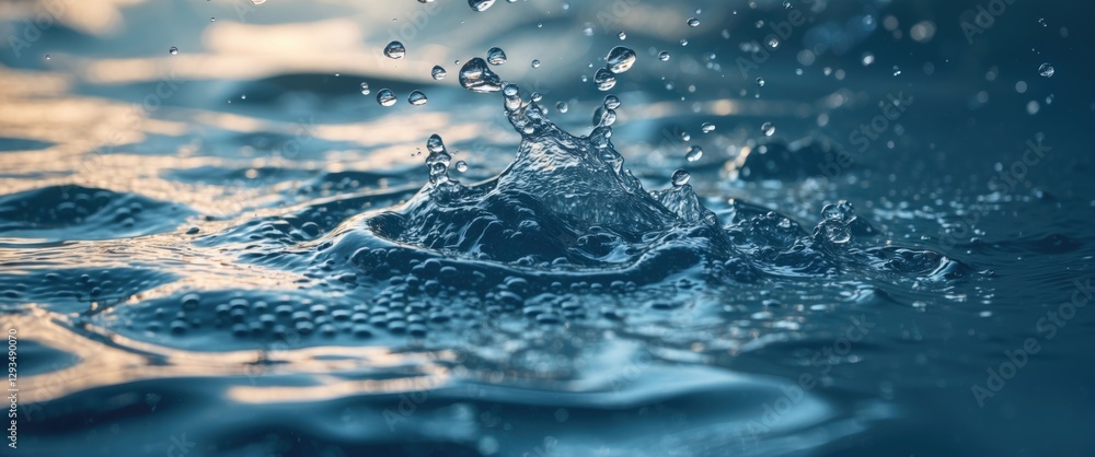 Poster dynamic water splash effect with reflections and bubbles in a tranquil blue background