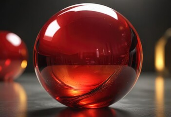 Vibrant red glass sphere with golden iridescent sheen, gold color effect, decorative centerpiece