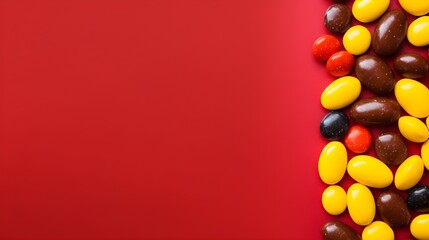 Obraz premium Colorful Chocolate Candies on Red Background with Copy Space Sweet Treat Candy Dessert Food