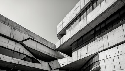 Fototapeta premium Abstract architectural design of a contemporary office building showcasing concrete structures and lines in a monochrome setting.