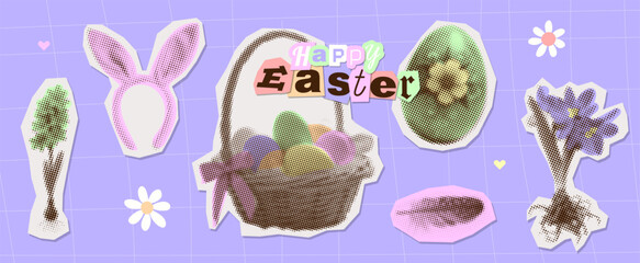 Happy Easter torn out paper stickers set with halftone nest with eggs, rabbit ears, spring flowers and chicken. Collage elements set with cut out shapes. Vector retro illustration.