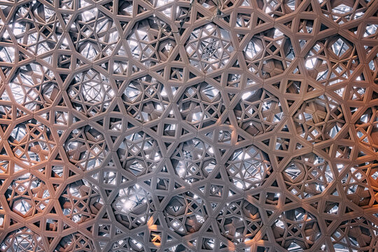 17 January 2025, Louvre museum Abu Dhabi, UAE: Intricate geometric patterns form a futuristic architectural design