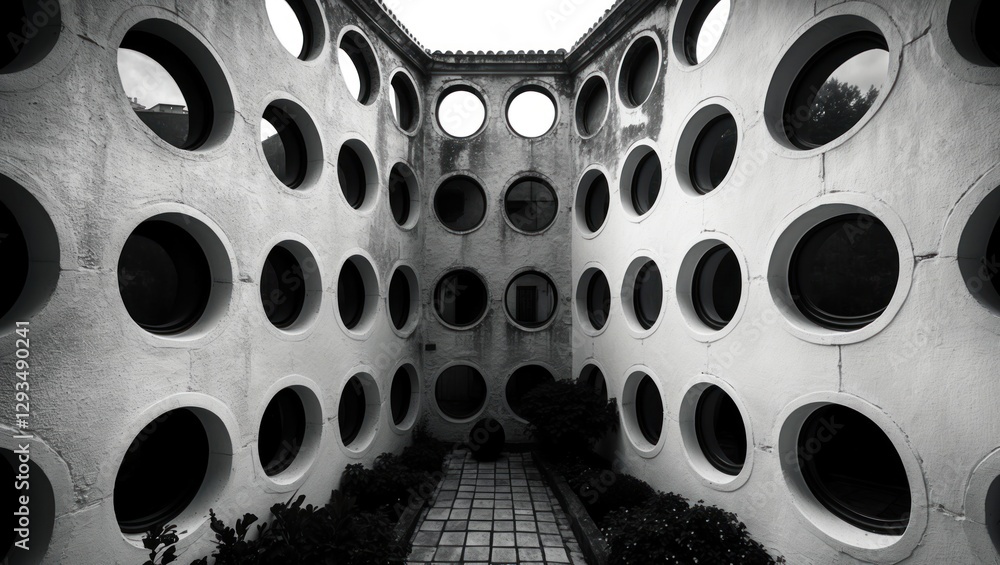 Poster architectural pattern of round windows in a monochrome courtyard showcasing modern design elements a