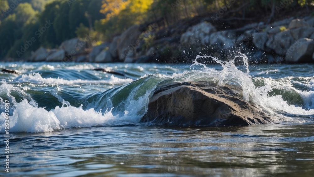 Poster dynamic river wave splashing over rock with calm water surface ideal for wallpaper background and te