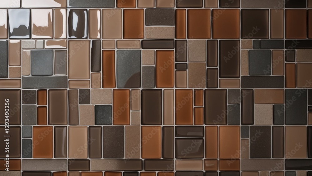 Poster rectangular brown ceramic tile wall design featuring a mix of glossy and matte finishes in an abstra
