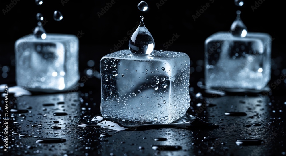 Poster crystal clear ice cubes with water droplets on a black reflective surface creating a dramatic and re