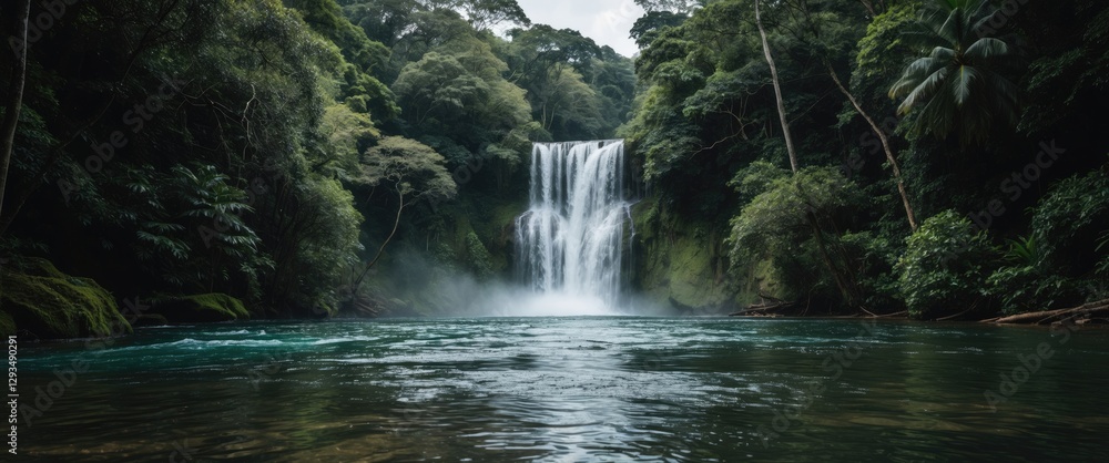 Poster serene jungle waterfall surrounded by lush greenery with clear water and open space for textual over