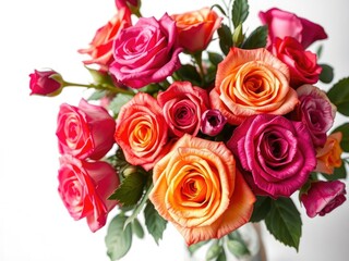 Vibrant rose blooms in a stunning arrangement, with intricate details and textures, set against a soft white or cream background, decorative, vibrant colors