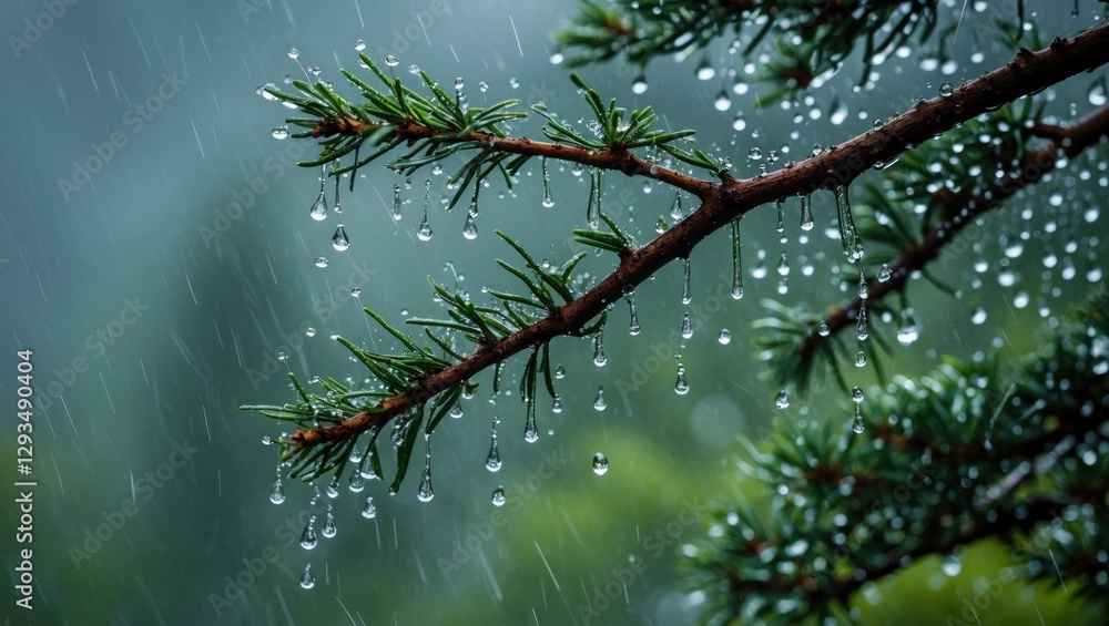 Canvas Prints raindrops glistening on pine tree branches in a tranquil forest setting during a rain shower