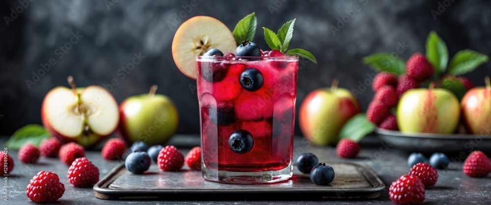 Poster refreshing red berry beverage with blueberries and raspberries surrounded by apples on dark backgrou