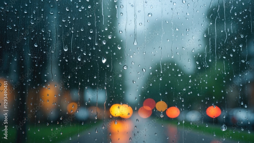 Poster raindrops on a window during a rainy day with blurred lights and greenery in the background creating