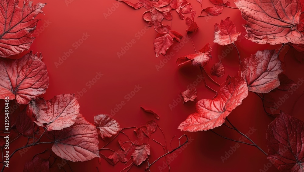 Poster red leaves composition with textured foliage on a vibrant red background creating an abstract nature