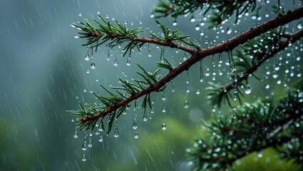 Obraz premium Raindrops glistening on pine tree branches in a tranquil forest setting during a rain shower