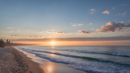 Serene Beach Sunrise Over Calm Ocean Waves with Gentle Clouds and Tranquil Shoreline Ideal for Relaxation and Travel Themes