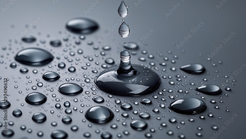 Aufkleber close-up of shimmering water droplets on a smooth gray surface highlighting texture and reflections 