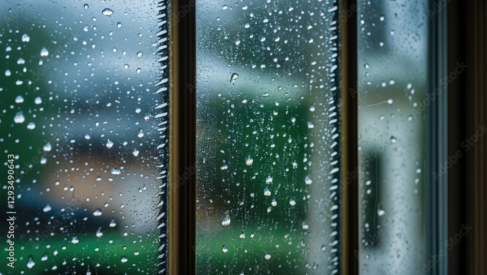 Poster raindrops on a window pane creating a serene atmosphere in a blurred outdoor setting with greenery v