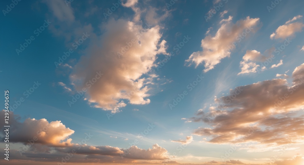 Poster serene sunset sky with fluffy clouds and blue ambiance creating a tranquil atmosphere for background