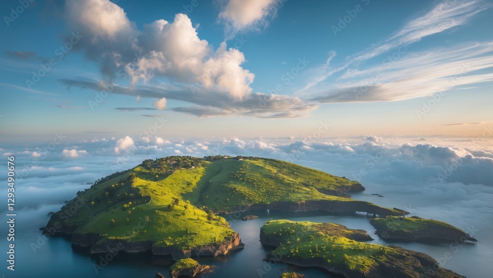 Poster Aerial View of Lush Green Island Surrounded by Clouds with Space for Text Overlay