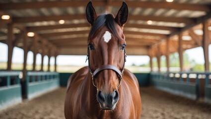 Fototapeta premium Elegant Brown Horse Portrait in Spacious Riding Arena Under Natural Light
