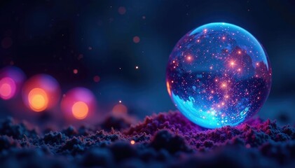 Fototapeta premium Swirling colors within a glowing globe with a starry night sky, luminescent objects, glowing globes, iridescent art