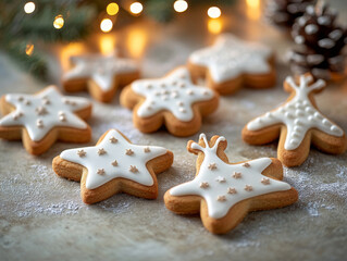 A delightful assortment of gingerbread cookies shaped like stars and reindeer, each beautifully decorated with white icing and golden star-shaped sprinkles