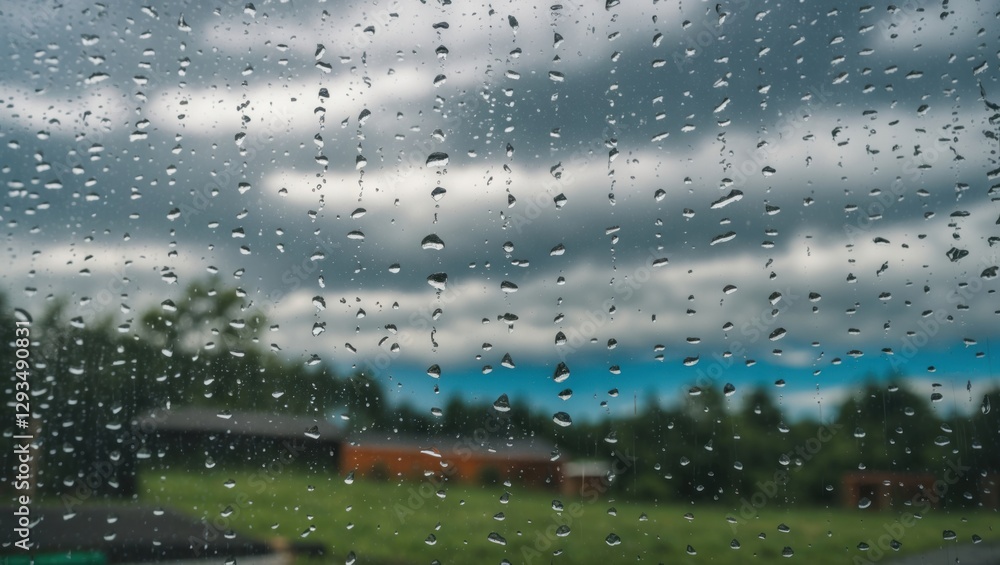Poster raindrops on a window with a blurred landscape and cloudy sky in the background conveying a tranquil