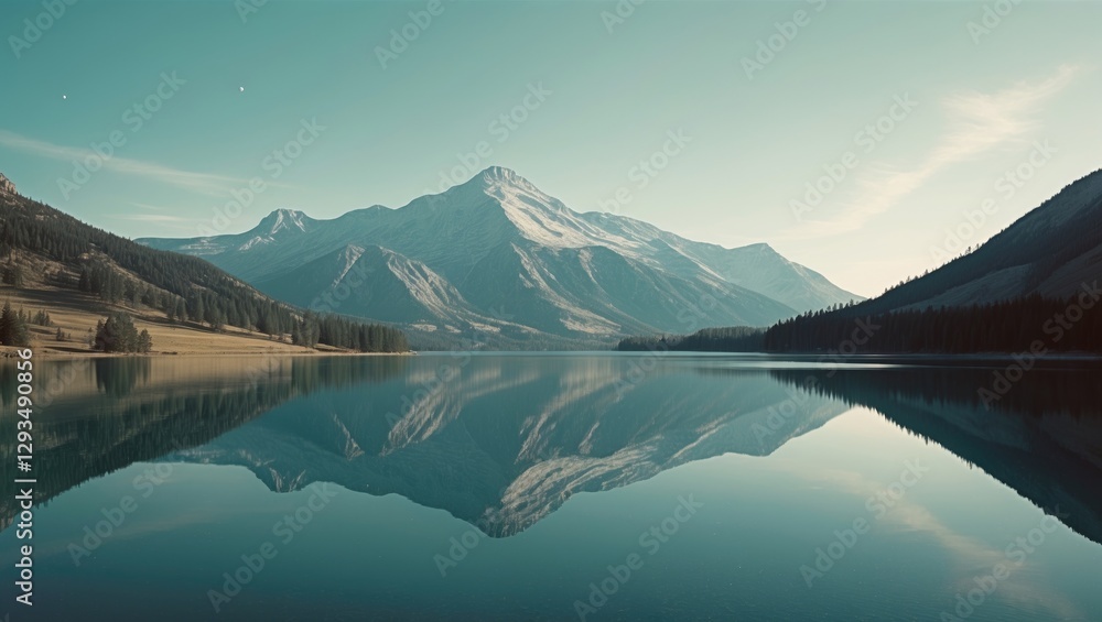 Aufkleber Tranquil Mountain Reflection in a Pristine Lake Under a Clear Sky with Ample Space for Text and Design Elements