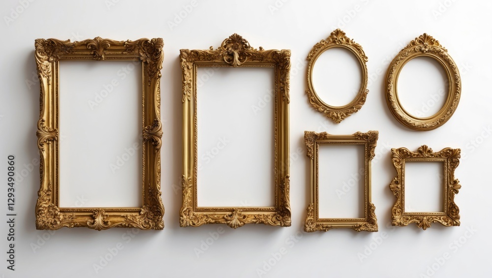 Poster antique golden frames collection on white background showcasing intricate designs and various shapes