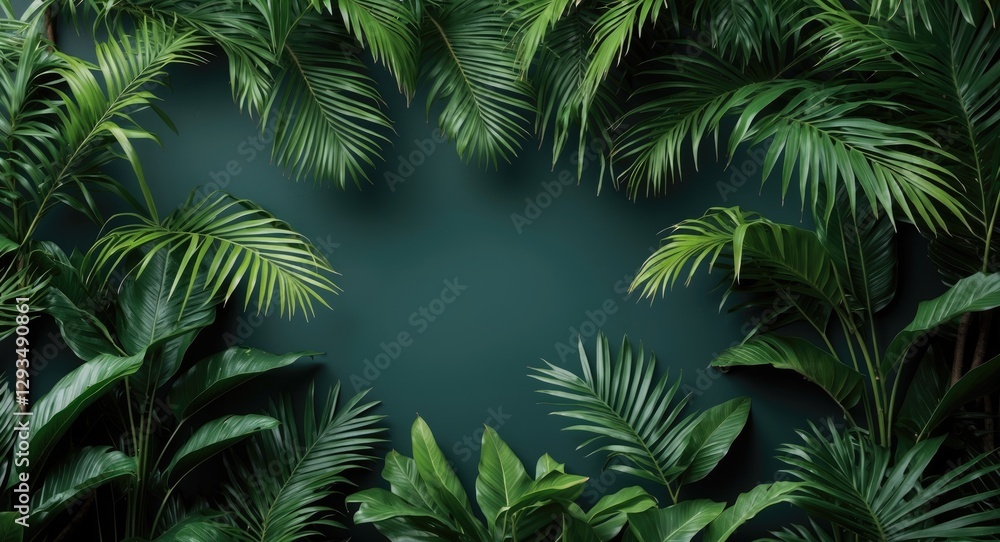Poster tropical green palm leaves background with empty space for text in lush foliage setting ideal for de
