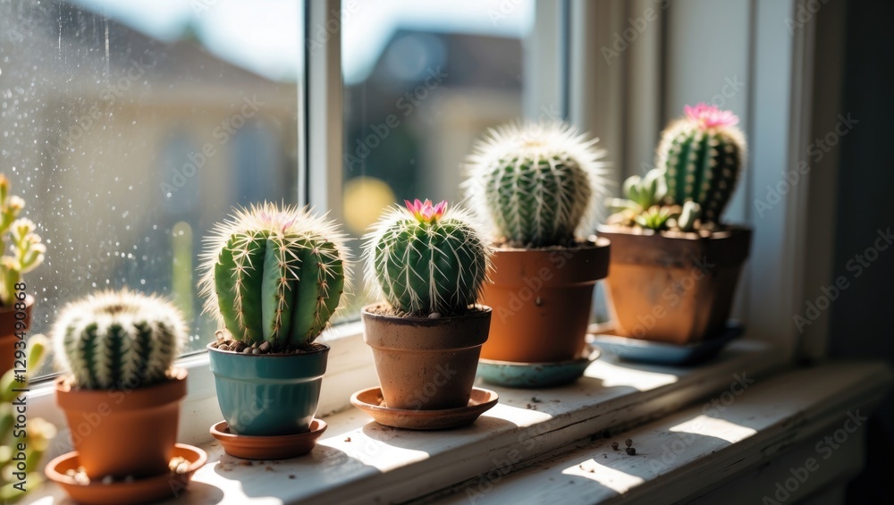 Poster various small cacti and succulents bathed in sunshine on a bright and cheerful windowsill display.