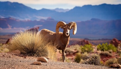 Naklejka premium Desert Bighorn Sheep Ram Roaming through Nevadas Red Rock Canyon at Twilight, Majestic and Agile in Stark Landscape, Showcasing Dramatic Textures and Vivid Colors.