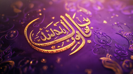 Elegant Gold Arabic Calligraphy Design on Purple Background Rich Detailed Intricate Islamic Art Pattern Luxurious Texture Golden Lettering Divine Scripture Religious Decor Faith Retro Image Motif     