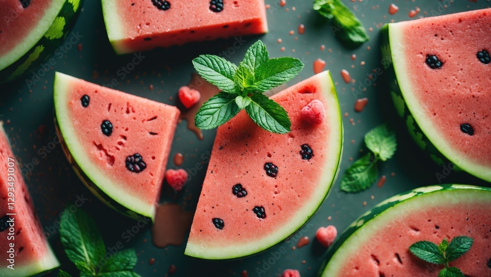 Poster fresh watermelon slices with mint leaves and copy space for text in a vibrant colorful setting