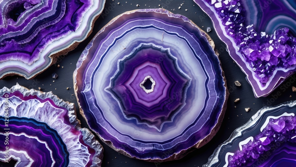 Poster vibrant violet agate slices with intricate patterns and crystal formations on dark background showca