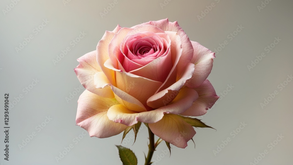 Poster elegant pink and cream rose bloom with soft artistic effects on a neutral background showcasing its 