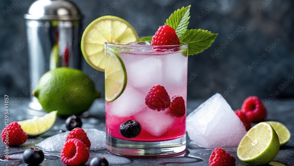 Poster raspberry cocktail with white rum lime and berries garnished with mint leaves on a dark stone backgr