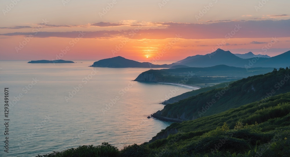 Poster tranquil coastal sunset view with distant islands and mountains overlooking calm waters in a serene 