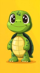 Fototapeta premium Happy turtle cartoon, yellow background, kids