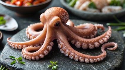 Fototapeta premium Fresh octopus displayed on stone with vibrant Asian dishes in the background showcasing exquisite seafood cuisine and culinary art.