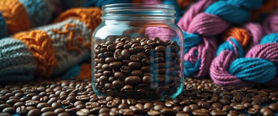Cozy macro shot of coffee beans in a transparent jar surrounded by scattered beans and colorful knitted sweaters in a warm setting.