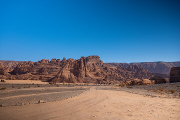 Scenic view of desert against clear blue sky, A beautiful Landscape from Al Ula, Saudi Arabia 