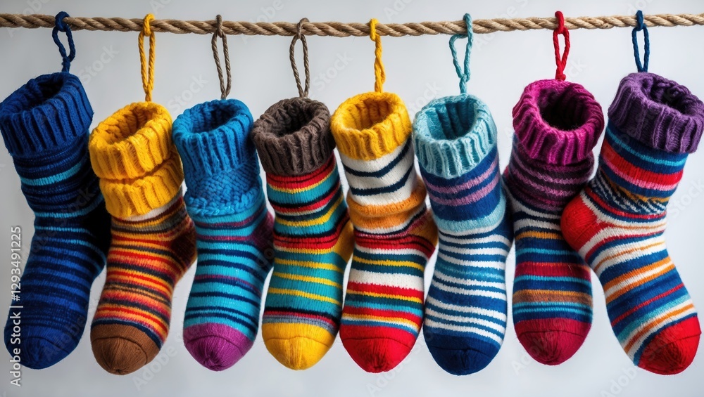 Poster colorful woolen socks of various sizes hanging on a rope against a white background showcasing vibra