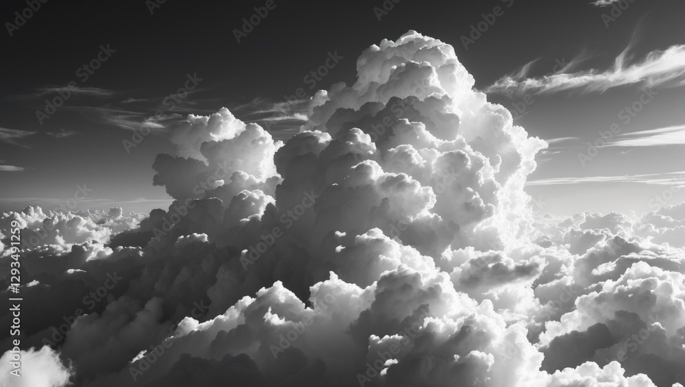 Poster dramatic black and white cloudscape showcasing dense clouds against a dark background conveying a se