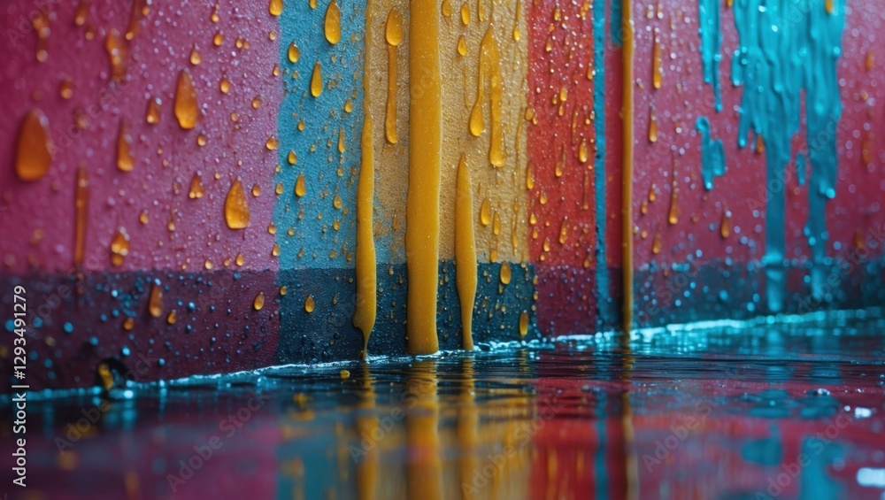 Poster vibrant abstract wall textures with water droplets and colorful stains from rain creating a dynamic 