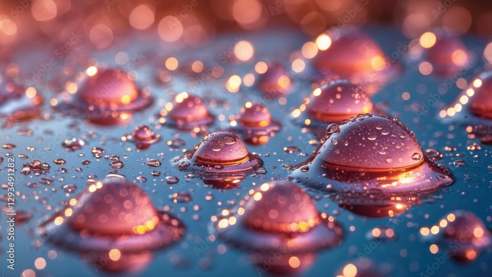 Poster close-up of vibrant water droplets on a reflective surface creating a beautiful bokeh effect with wa