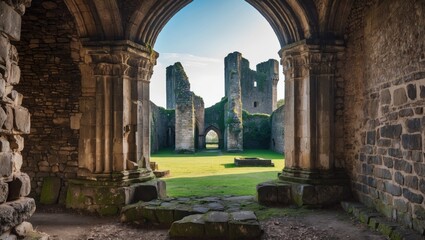 Fototapeta premium Ruins of an ancient castle framed by stone arches in a serene green landscape under a clear blue sky