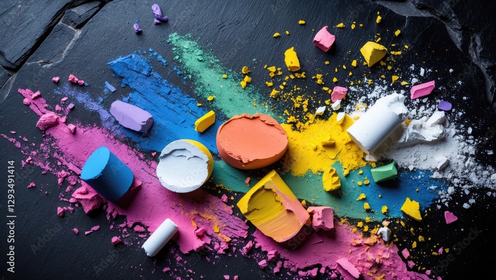 Poster Colorful chalk pieces scattered on a slate surface with vibrant chalk dust creating an artistic splash of colors in a creative setting.