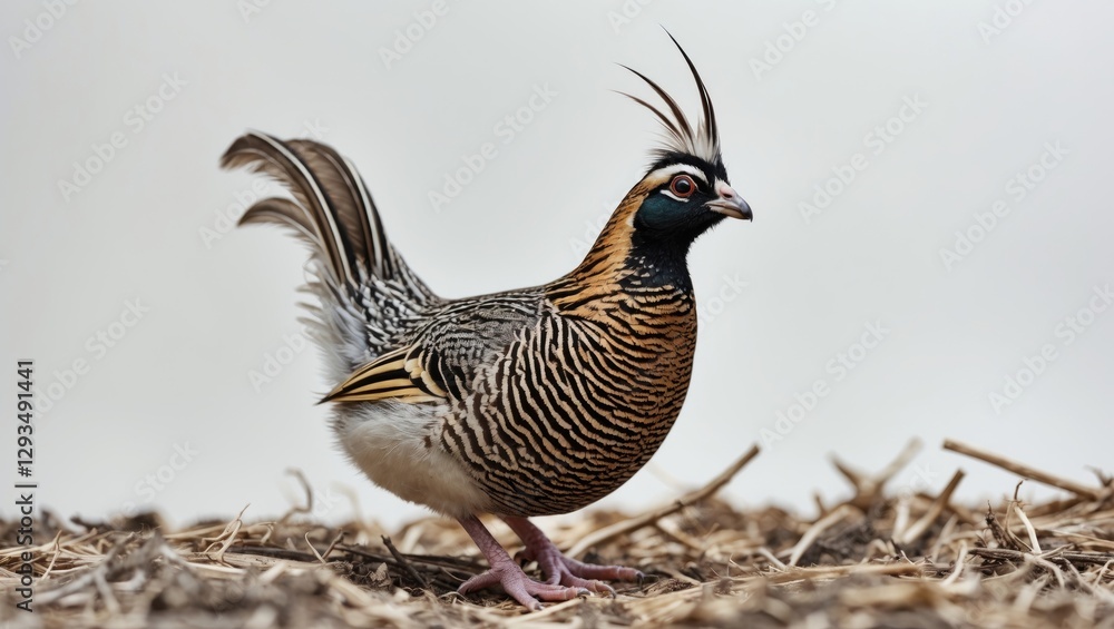 Poster Colorful quail bird standing on straw with striking plumage showcasing unique patterns and textures in a natural habitat setting.